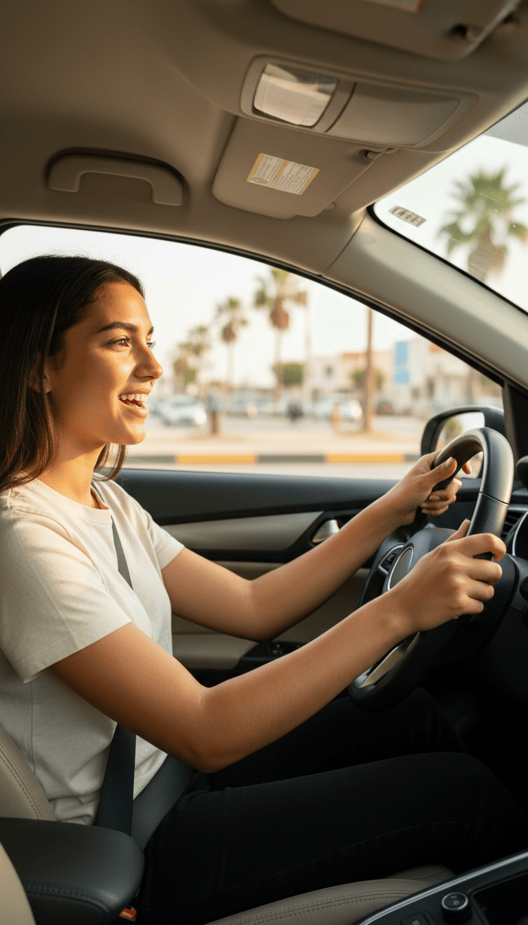 Élève conductrice confiante au volant pendant sa formation